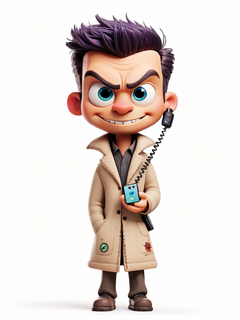 white background voodoo doll basic pins stitched (man) sorrindo com celular na mão