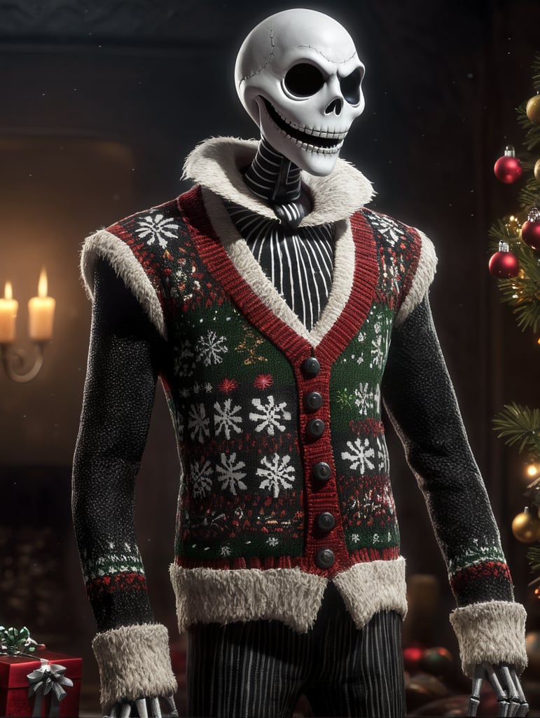 Jack Skellington standing wearing an ugly Christmas sweater
