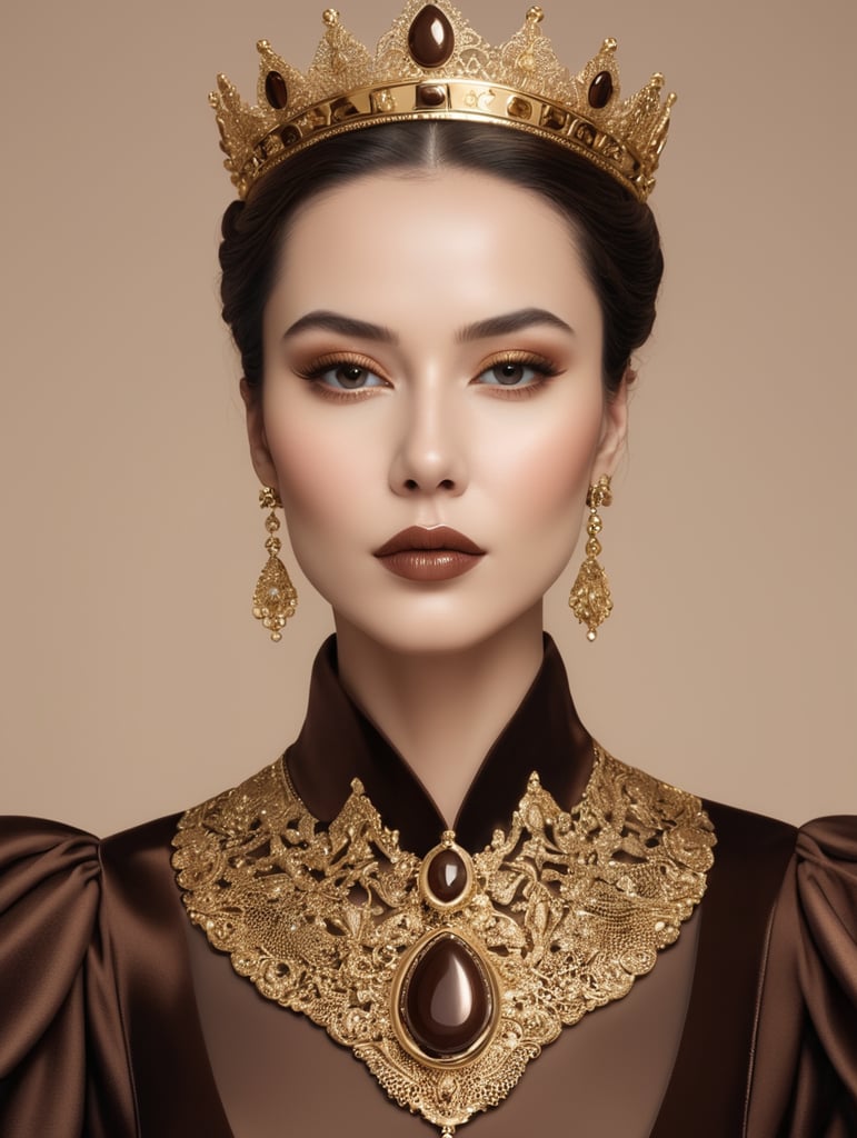 Lip aesthetics clinic in the context of a reign with isolated dark brown colors, with golden details of a determined and concise queen