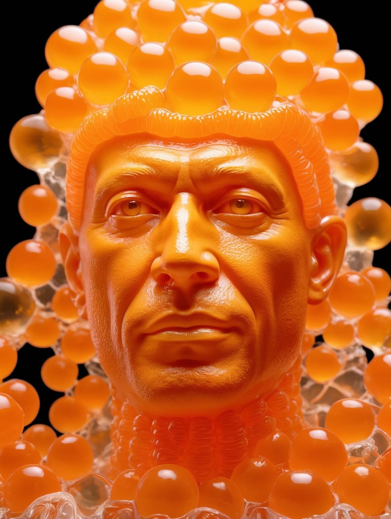 Portrait of a Translucent orange man made from the orange fruit, organs are visible through the jelly, isolated black background