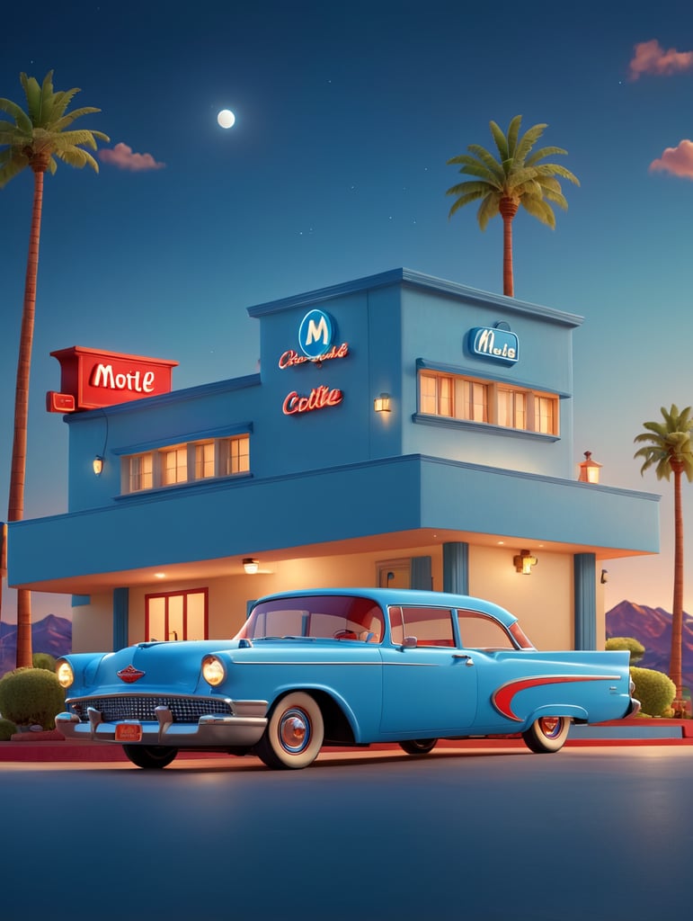 μοτελ, αυτοκινητο μπλέ, νυχτα, κόκινοσ ουρανοσ