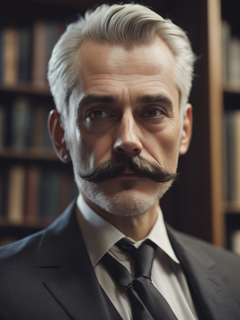 Lovecraftian portrait of a 1920s police detective, gray haired english moustache, bookshelves wide shot, artstation, concept art, illustration, ilya kuvshinov, vintage