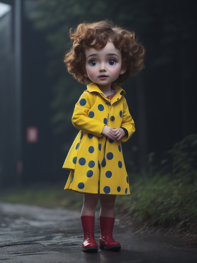 a little beautiful girl, Big Eyes, Button Nose, Small Mouth, Rosy Cheeks, Short Curly Hair, Polka Dot Dress, Yellow Raincoat and Boots, stands in the center, in 3D style, rendered using beautiful Disney animation, Pixar style, Disney style,