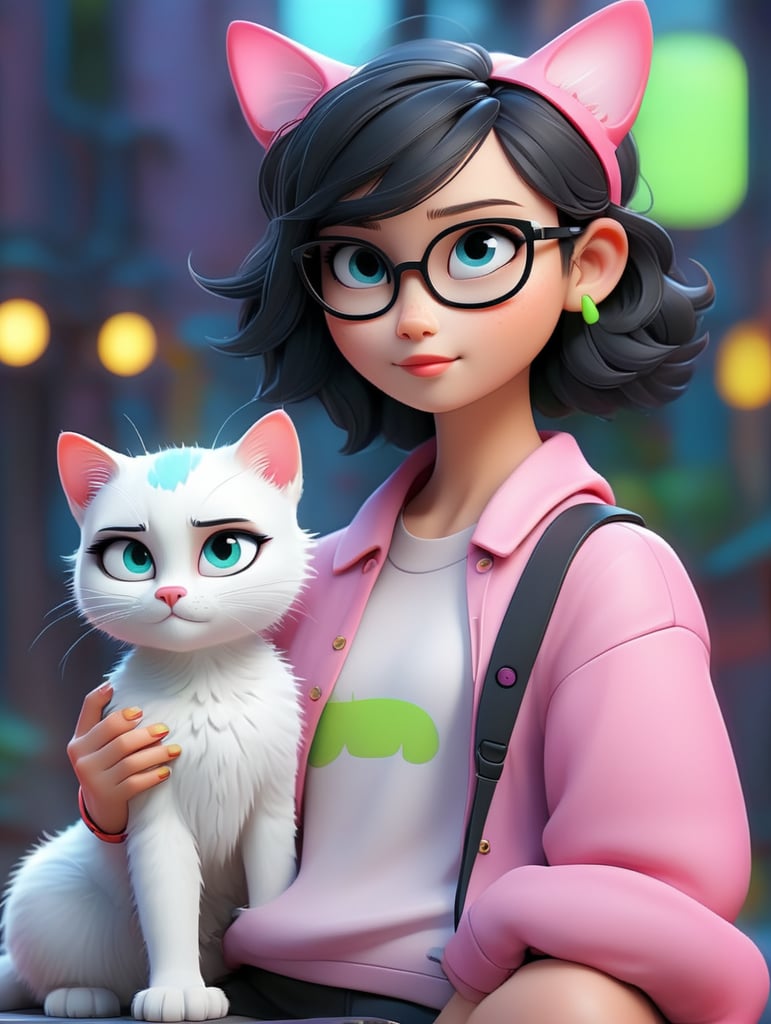 Premium AI Image, modern anime character of Chinese girl AI generated, neon, sunglasses, small cat, lizard
