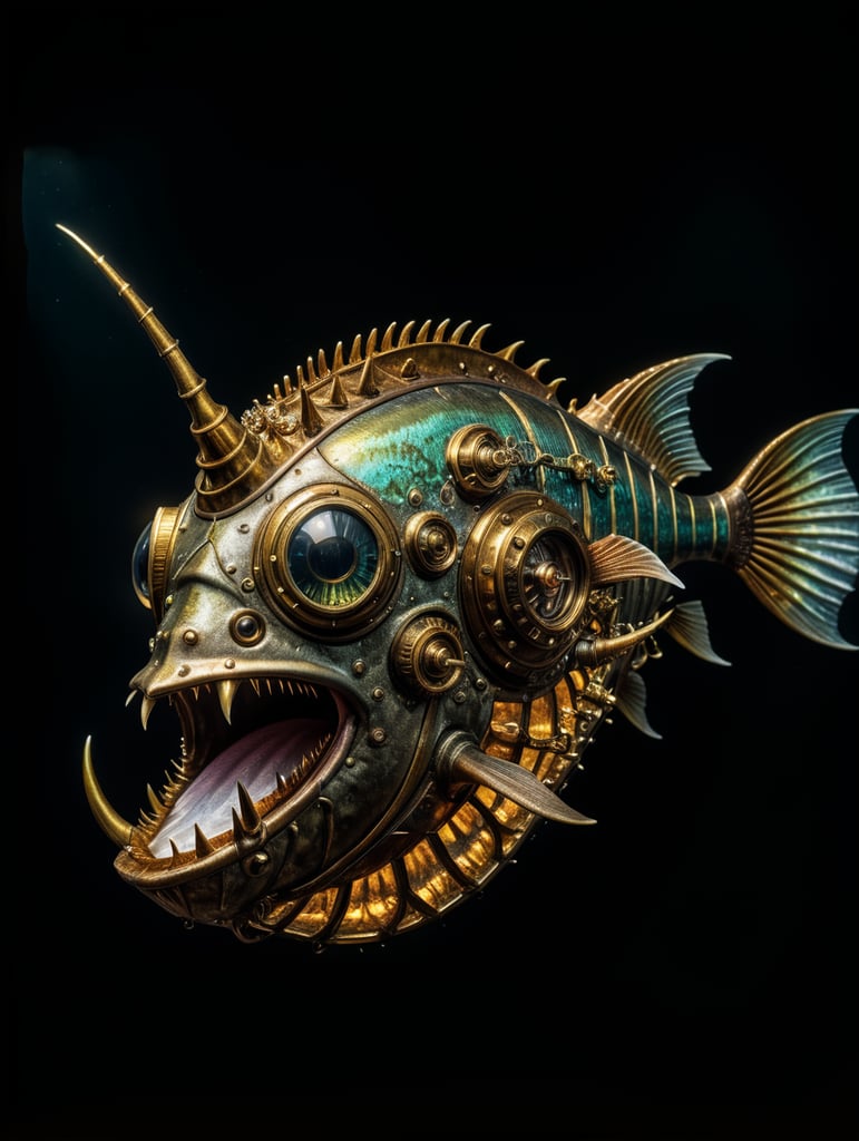 image beautiful florescent unique steampunk artwork fantasy, steampunk style angler fish with sharp teeth, skilled steampunk craftsmanship the fish, with plankton particles in the water, isolate angler fish completely, show the whole body of the fish, deep ocean dark setting,