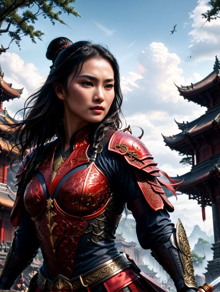 an ultra realistic wide angle epic full body battle shot of Mulan, intricate details, wearing a highly ultra realistic intricate detailed stunning red Samurai costume, ultra detailed sword, smooth edges and curves, surrounded by warriors, war battleground, dark, gothic, Old Japanese architecture palace buildings, photorealistic, cinematic, centered, wet ground, symmetrical volumetric lighting, ambient occlusion, unreal engine, photographed by Akira Kurosawa, inspired by Ran movie, bokeh, particuls, ultra detail