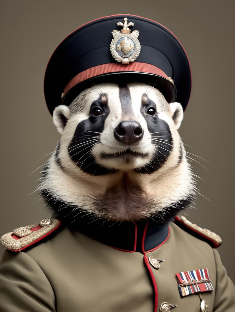 A portrait of a eurasian badger in a nineteenth century British Army Brigadier uniform