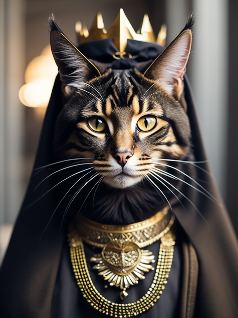 mainecoon cat with arabic fashion black cloak and gold crown in the Renaissance ottoman throne kingdom photo realistic illustration fashion islamic fashion fantasy hyperdetailed