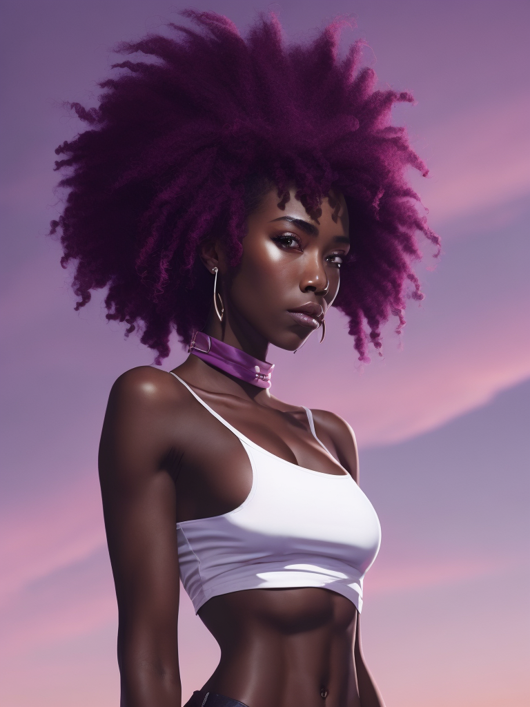 a woman with afro hair and a white shirt is standing in front of a purple sky with clouds and a pink hair, upperbody, midriff, Brom, flat colors, a character portrait, digital art, dark-skinned_female, dark_skin, navel_piercing, off_shoulder, pink_hair, purple_background, sky, long_hair