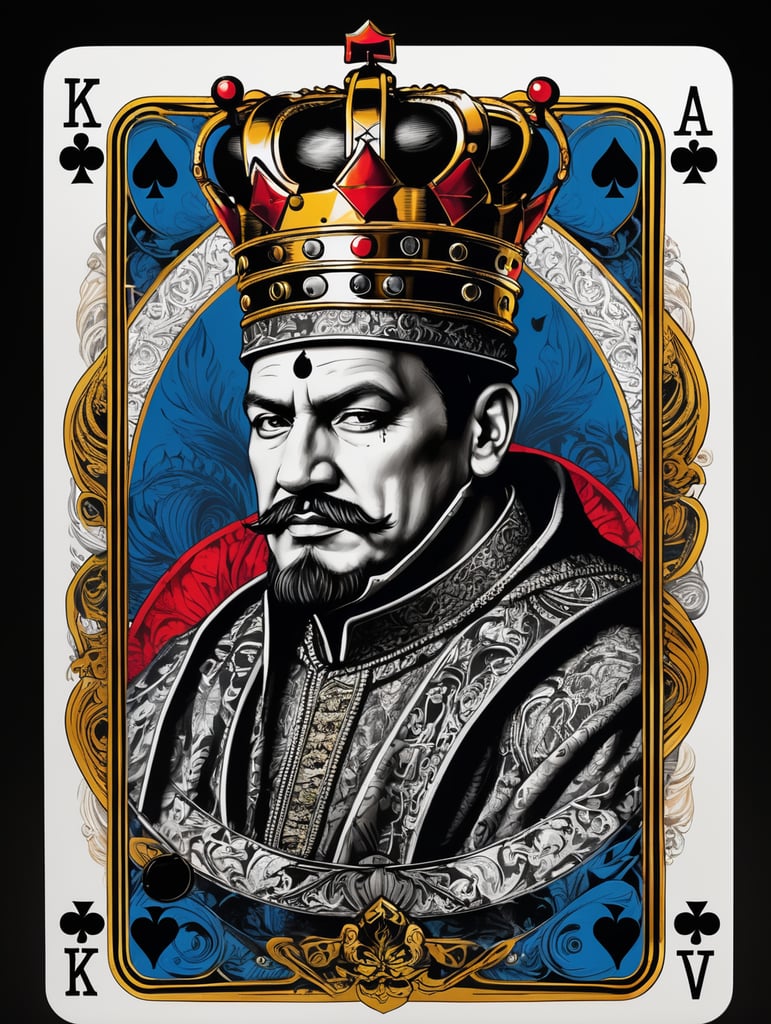 king of clubs playing card, face card, ink art style, black ink, ultra realism, super detailed, professional shot, bold saturated colors, sharp focus, highly detailed