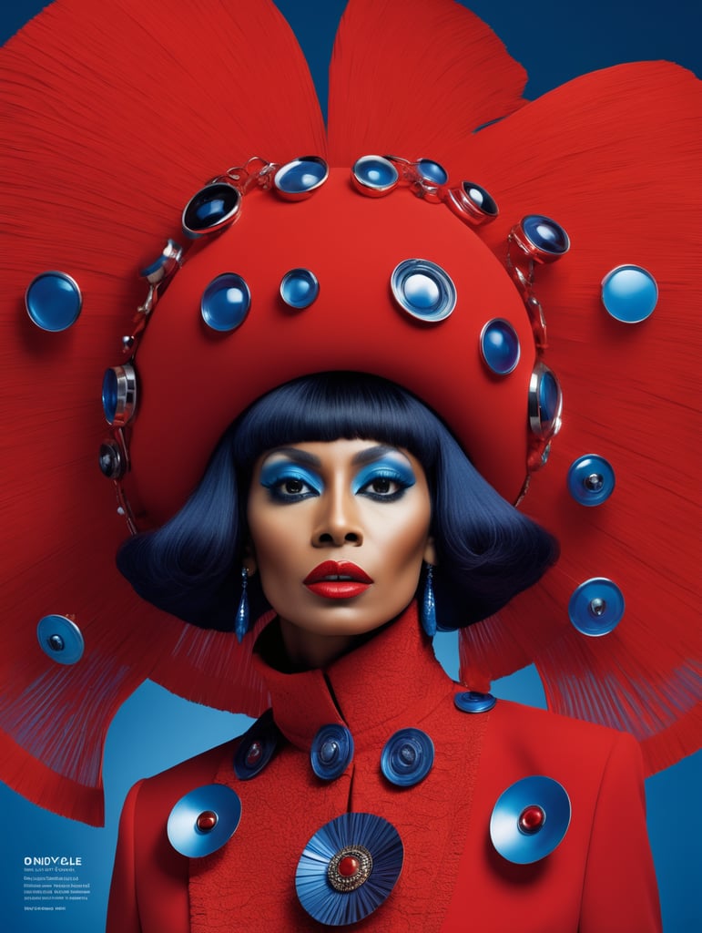 Donyale luna, avant-garde, simplygo, photoshoot spread, dressed in all red, blue background, harpers bizarre, cover, headshot, hyper realistic