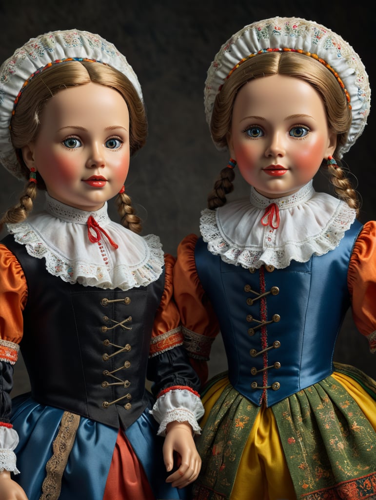 A pair of anthropomorphic dolls in the style of Dutch tradition, soft sculpture, historical subjects, Danish design, folklore theme, colorful caricature