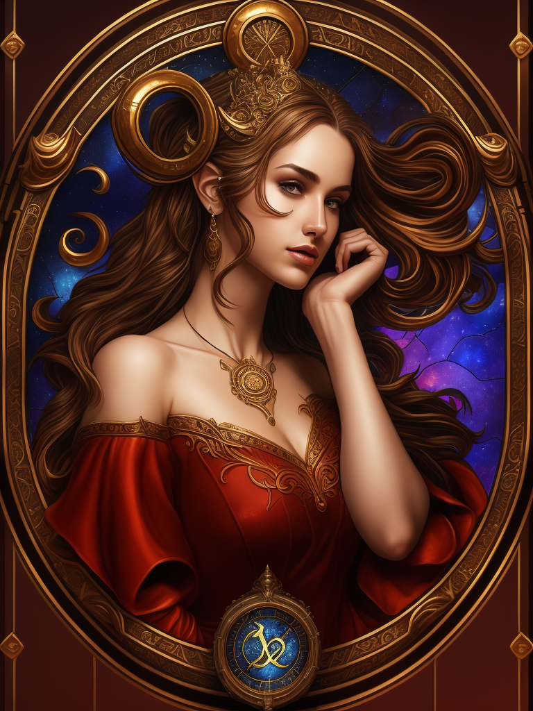 stained glass effect, zodiac sign, aries, woman, beautiful, mystical, reddish background, celestial style