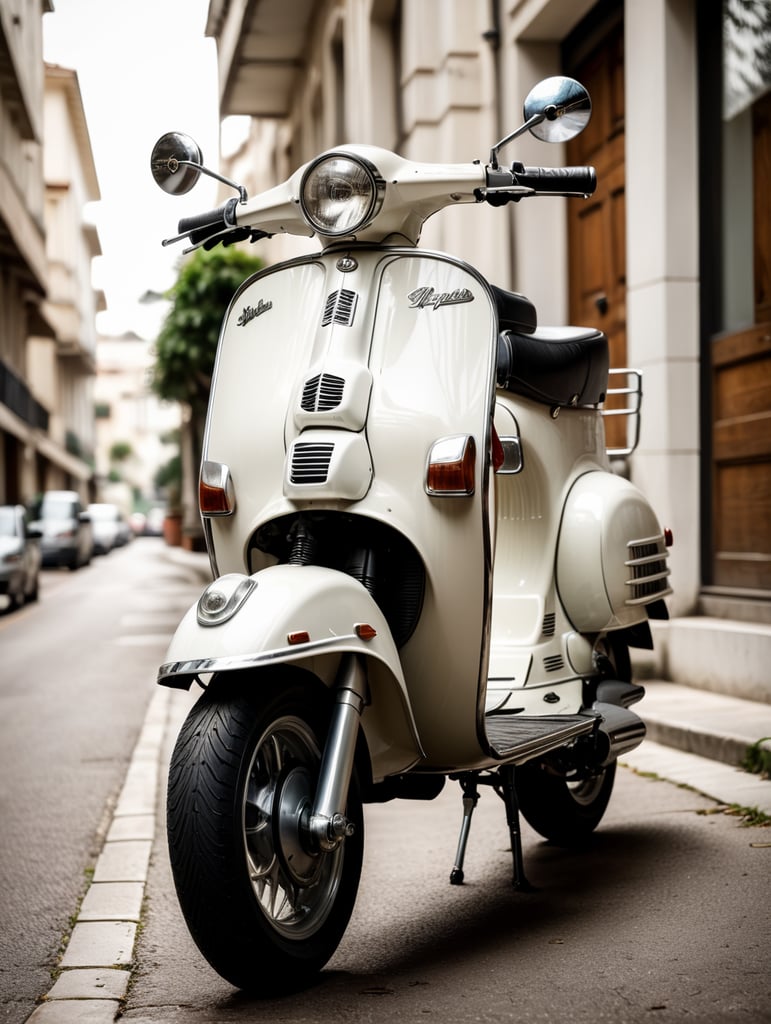 vintage white vespa, low angle view, isolated, white background, mockup