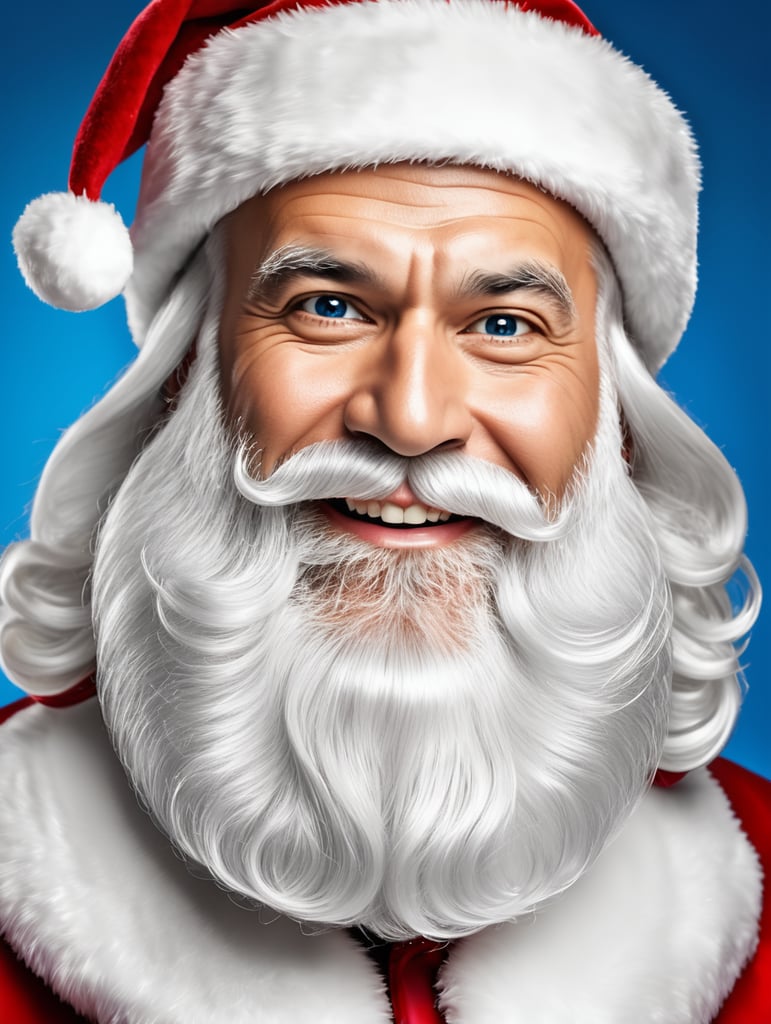 Santa claus with a long thick white beard, dressed in a mirror silver metallic chrome santa claus costume, santa claus cap on his head, in a cheerful mood, thick white eyebrows, professional studio photo, blue background, bright colors, contrasting light, high detail