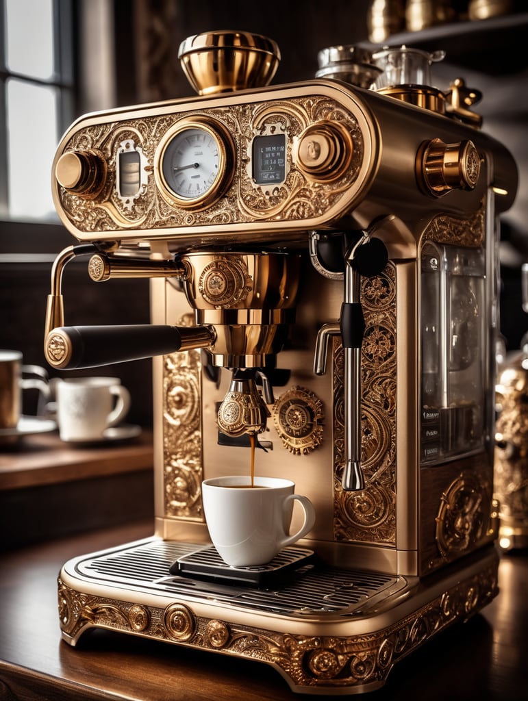 coffee maker made in steampunk style, decorated with gold, carved white plastic, ivory color, deep engraving