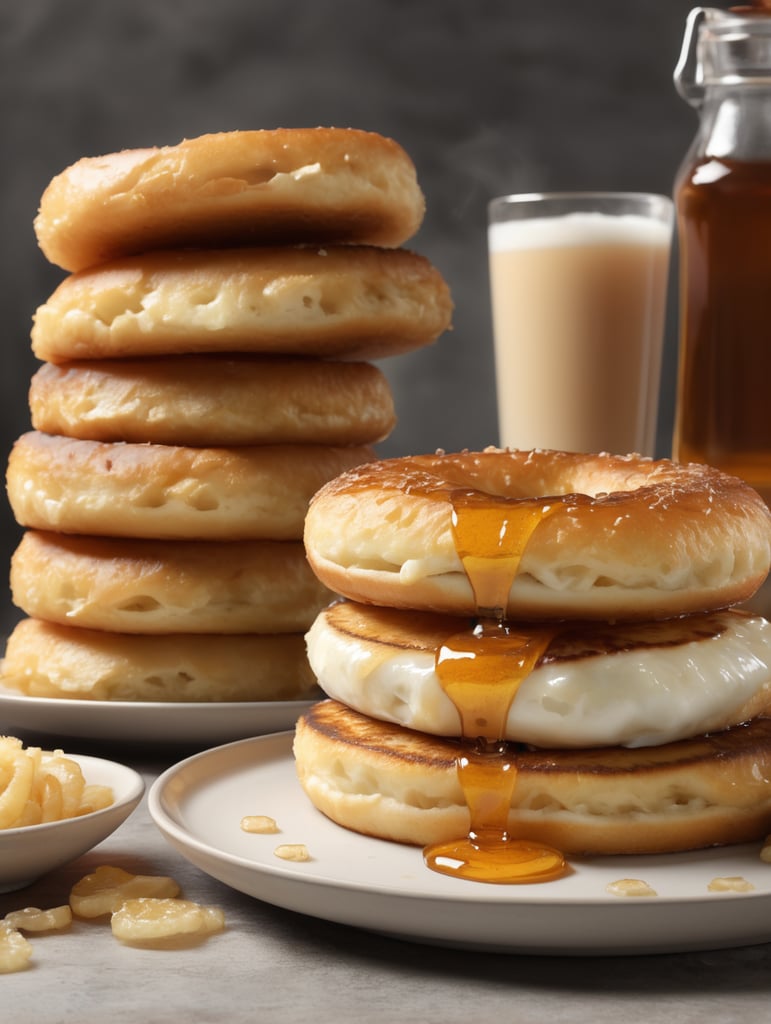 ultra-realistic 4k image of toasted bagels with hash browns, next to a stack of pancakes with maple syrup