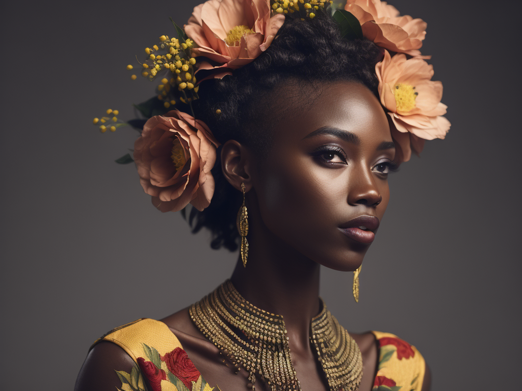 Pretty african girl with flowers in hair, fashion magazine, sharp focus,highly detailed,bright and saturated colors,elegant