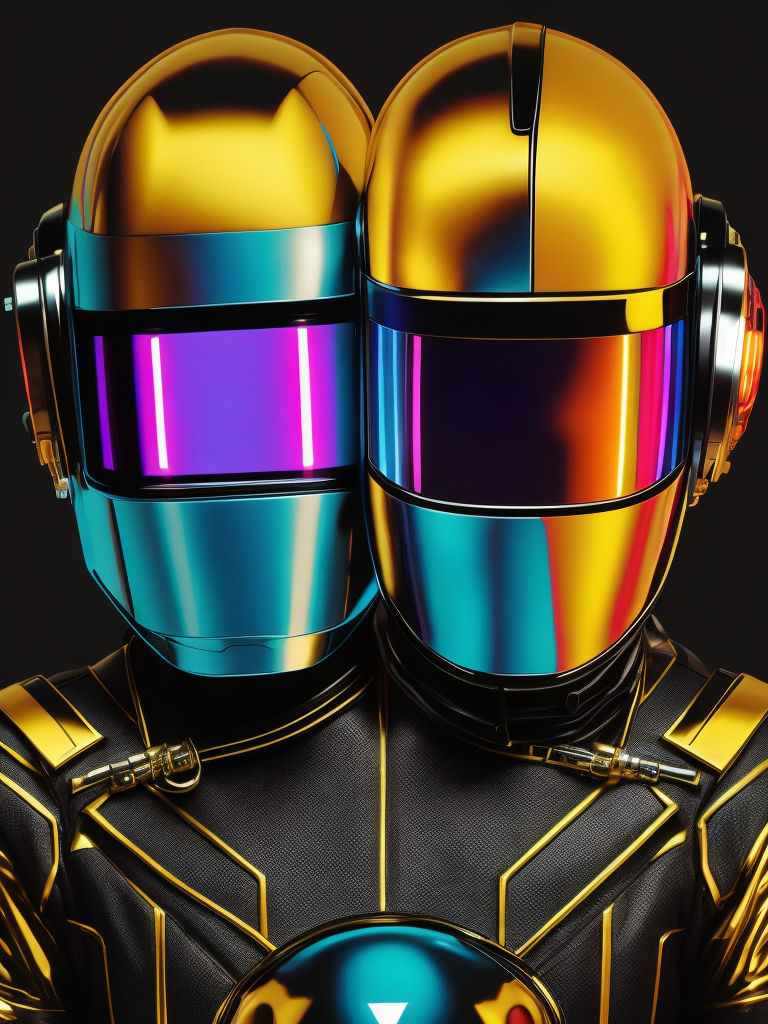 Portrait of daft punk, ultra realism, super detailed, neon colors, magazine cover, professional shot, magazine photography, bright saturated colors, sharp focus, highly detailed