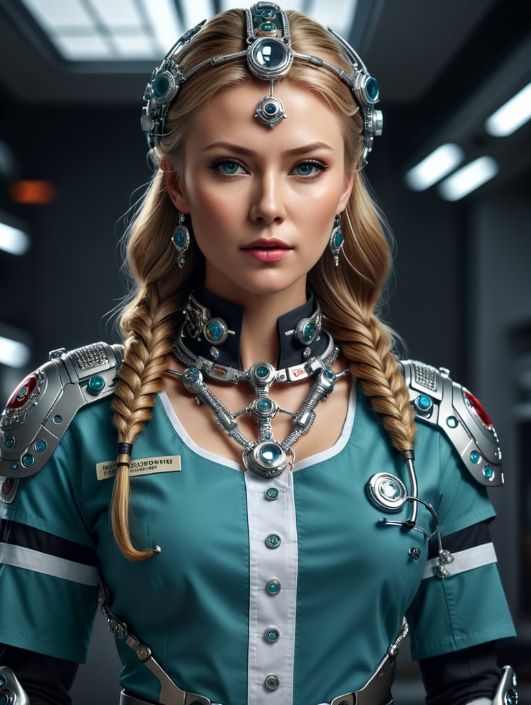 Crie uma linda modelo nórdica, vestindo uniforme para cirurgia médica usando semijóias Mag com Estilo e Profissionalismo