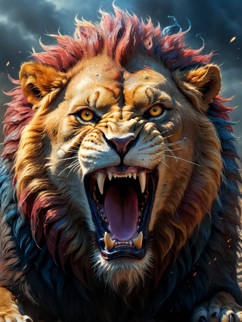 lion wildlife firestorm maroon blue gold fierce snarling realistic illustration
