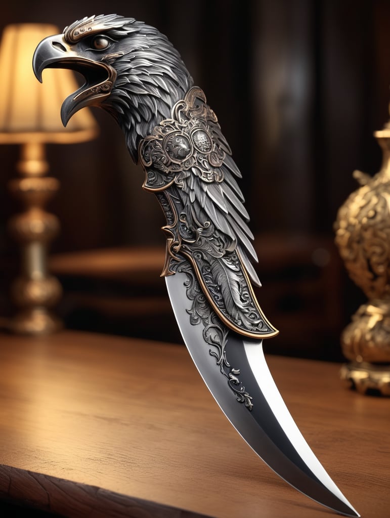 Create a hyperrealistic photograph of an intricately detailed Keris dagger, featuring a wavy blade shaped with a smooth curve. The handle of the Keris is masterfully crafted in the form of an eagle's head, with detailed feather patterns and a piercing gaze. The dagger is placed on a wooden table, and the overall composition is illuminated by soft, diffused light. The image is captured in 8K UHD with a hyperrealism ,.showcasing the exquisite detail and realism of the dagger.