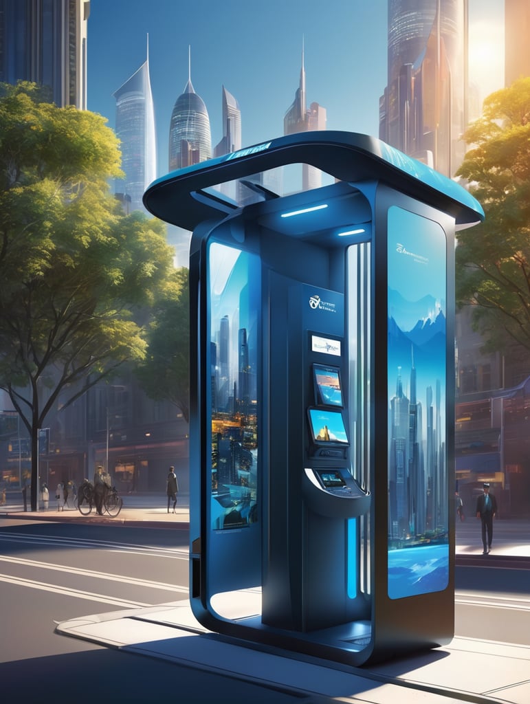 A sleek, state-of-the-art telephone booth with cutting-edge technology and solar power integration, presented through a professional digital illustration style. In the spirit of concept artist Syd Mead, this image showcases a futuristic, cityscape backdrop. The booth exudes minimalism and sophistication with its clean lines and advanced touchscreens. The color palette is a mix of cool, futuristic blues and vibrant, eco-friendly greens. Facial expressions are determined and focused, bathed in the glow of a digitally enhanced atmosphere, demonstrating the embodiment of professionalism in modern technology. --v 5 --stylize 1000