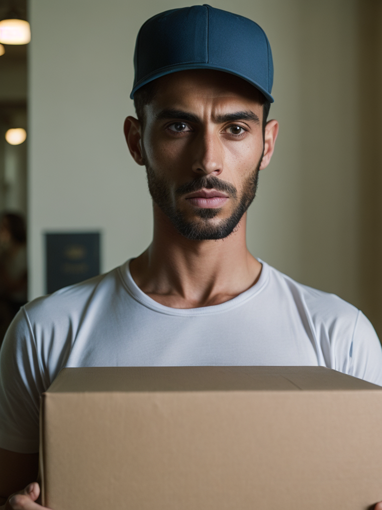 portrait of a delivery Arab man , wearing a white cap and white t-shirt, holding a box