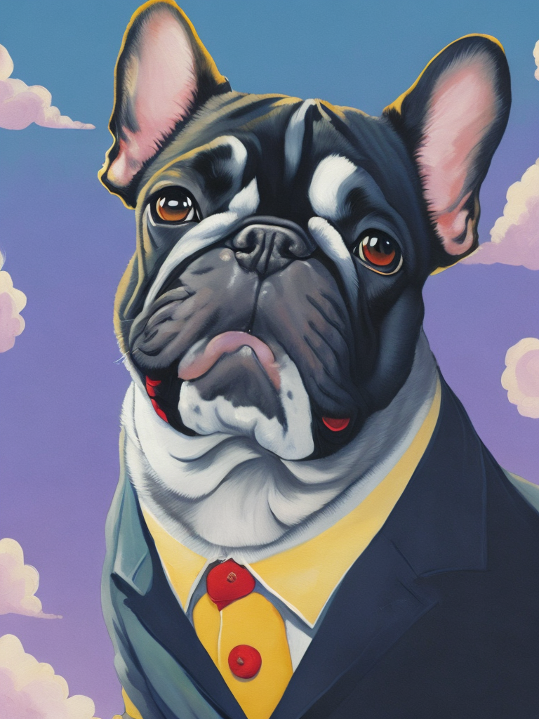 A painting of a cute french bulldog in the sky, wearing a suit, natural light, with bright colors, by studio ghibli