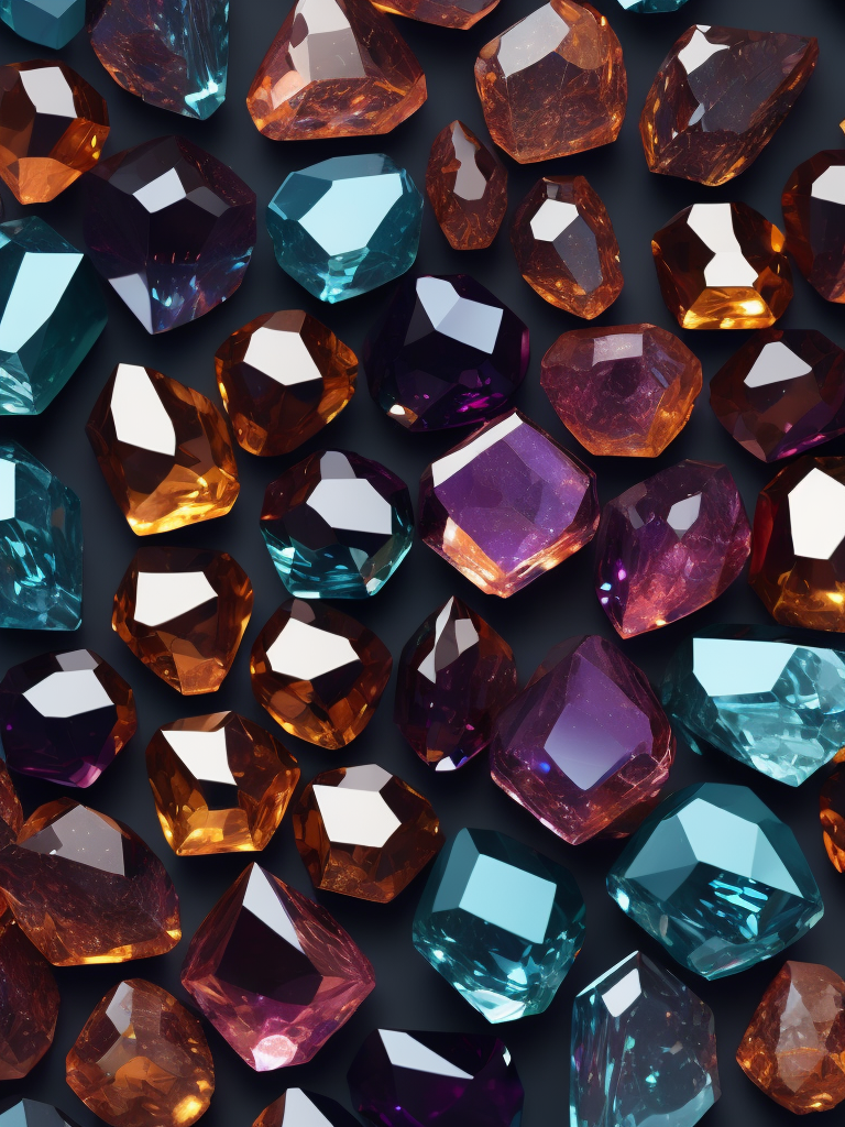 Crystal texture, pattern, background, top view, organic texture, seamless texture, scattered crystals, deep colors, contrast lighting, volumetric crystals, crystals stacked on top of each other, closely stacked crystals, knolling, flat lay, gems, crystals