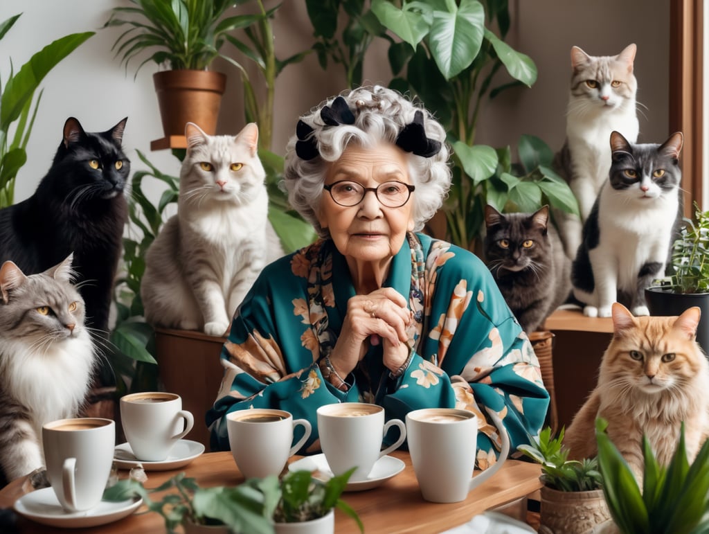 a grandma wearing oversized clothes and plants in her hair surrounded by lots of cats and coffee