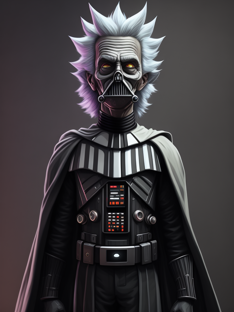 Dibujo de Rick Sanchez, al estilo de Rick and Morty, caracterizado como Darth Vader