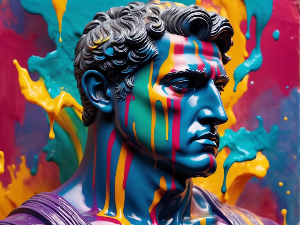 greek male bust with colorful paint, melted, the paint is flowing, aesthetic background