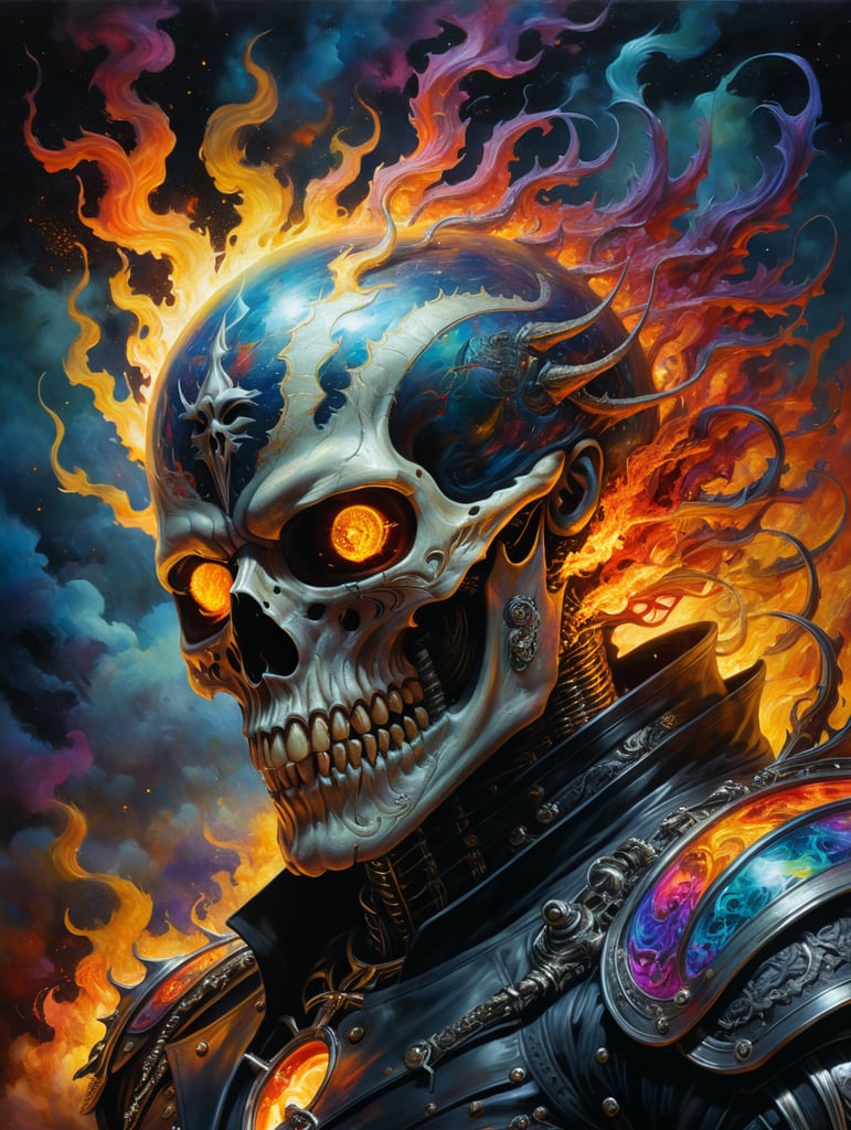 Ghost Rider Galaxy's universe Psychedelic colorful multi-colored fractal golden ratio Alex Grey style complex hyper detailed 8K resolution depth of field neo-impressionism expressionist style oil painting, smooth post-impressionist impasto acrylic painting, thick layers of colourful textured paint art by Peter Gric and Ian Miller and Santiago Caruso and HR Giger and Gerald Brom : concept art : illustration : painting : watercolor : ink : fantasy : (gothic:1.2) : (horror:1.2)