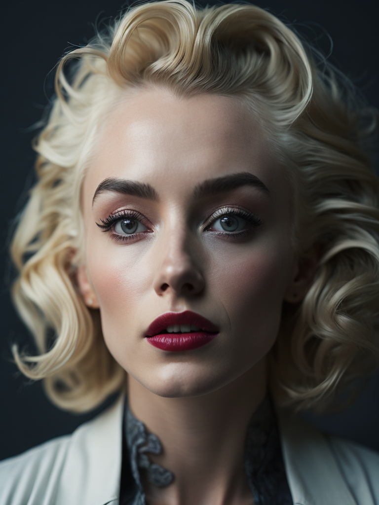 Portrait of Marilyn Monroe, ultra realistic, blonde hair, white dress, bright makeup, gradient background,
