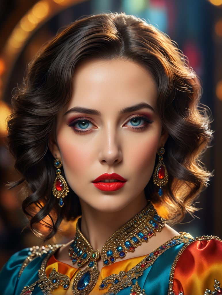 Portrait of Elizabeth Tabish, bright and saturated colors, elegant, highly detailed, vogue, fashion magazine, sharp focus, bright expressive makeup, dramatic lighting, depth of field, incredibly high detailed, blurred background