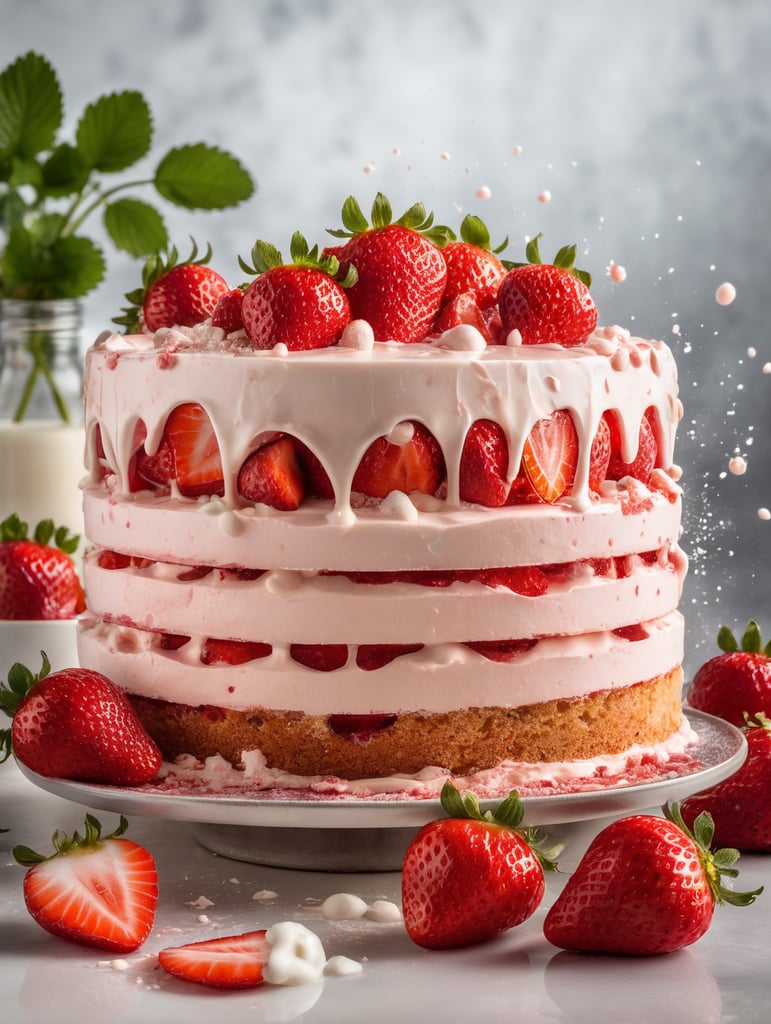 the moment after a strawberry cake explodes from inside, splitting it in two and splattering fragments in all directions, scattering strawberries and cream, very fast shutter speed,volumetric lighting, Reflective glass plate behind and below