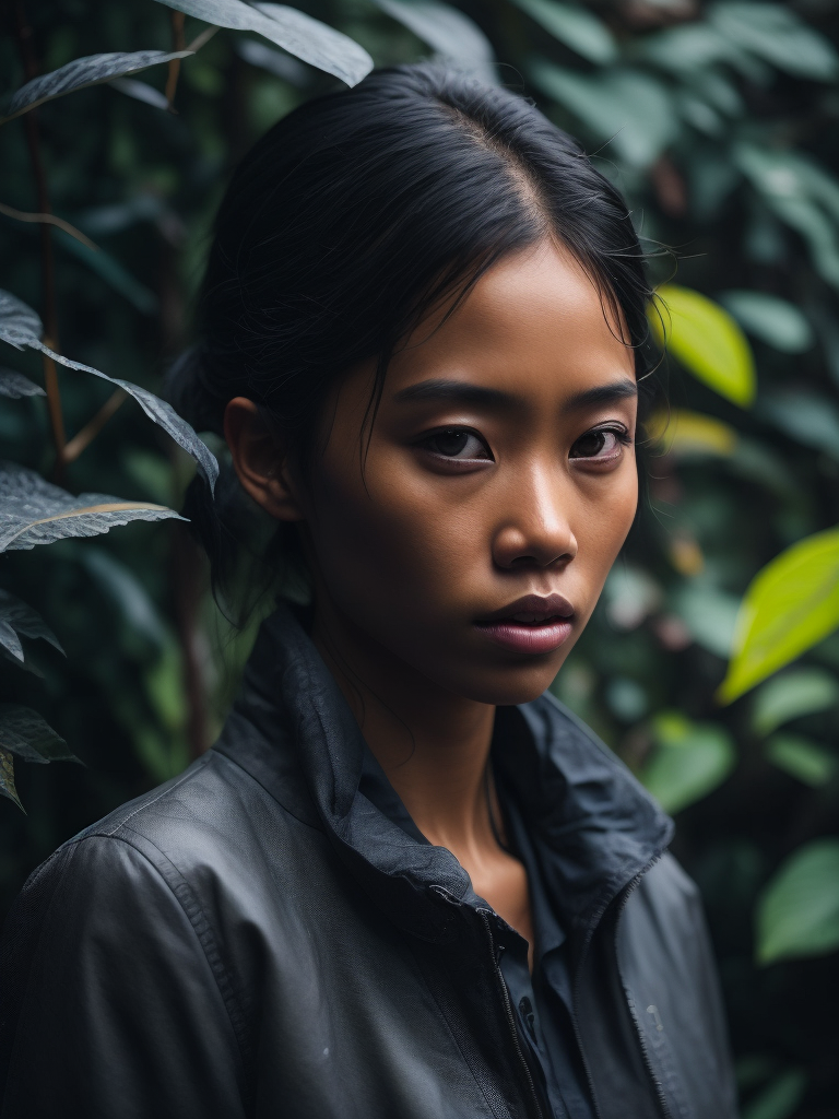 Indonesia, young woman in jungle, scifi, rainy, autumn, dark details
