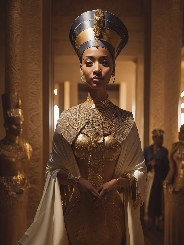 A mesmerizing scene capturing Queen Nefertiti of Egypt in her elegant regal attire, exuding beauty and grace as she stands as a symbol of power and femininity, mesmerizing, regal, elegant, influential, graceful, DSLR, wide-angle lens, midday, majestic and composed, digital