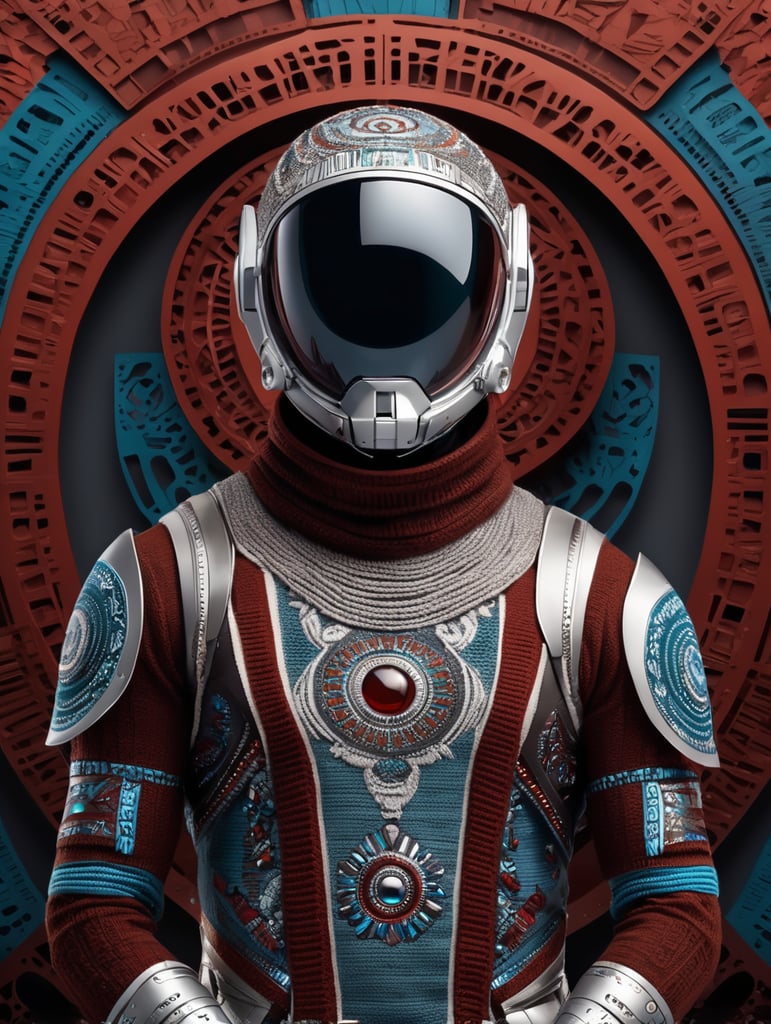 Minimalist fashion, astronauts, Futuristic, movie still, Mars, Knitted Vests, aztec art, dark and intricate, colorful, grotesques, sculpted, style ezpressive, mars, foil, glass, Futuristic robot. Color Palette: Silver, reddish-brown, deep red, dark gray, sky blue