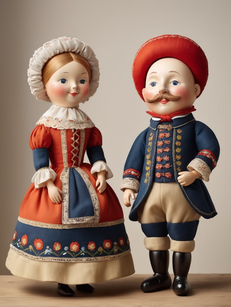 A pair of anthropomorphic dolls in the style of Dutch tradition, soft sculpture, historical subjects, Danish design, folklore theme, colorful caricature