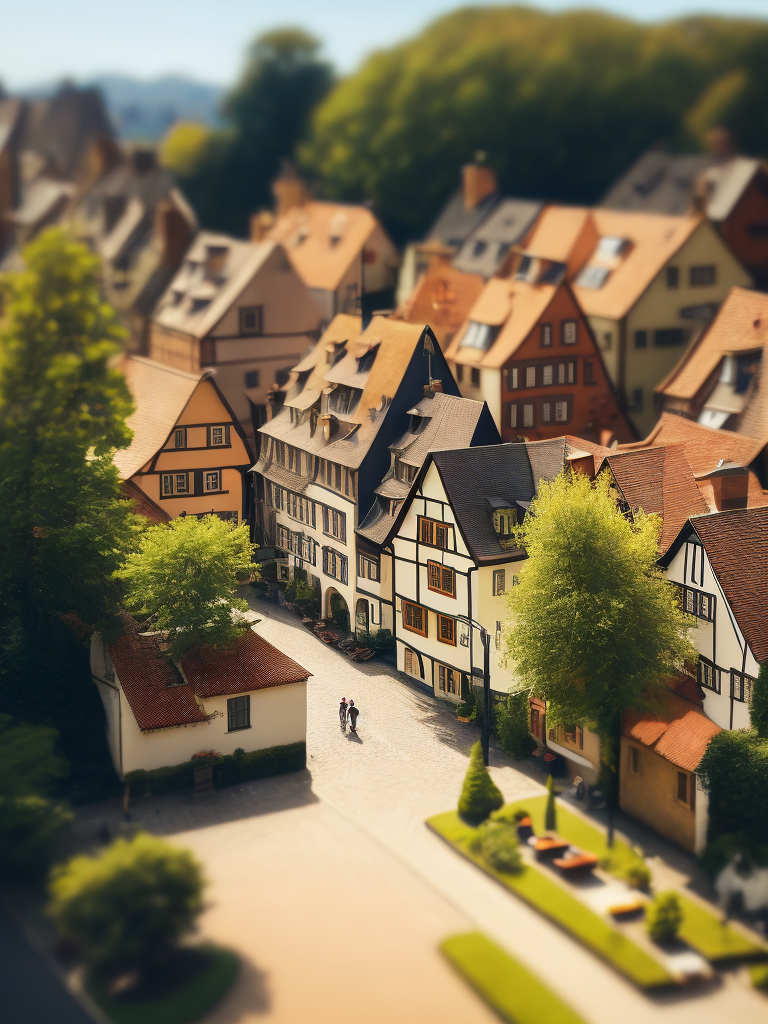tilt shift photography of small german village, depth of view, sunny, stunning architecture