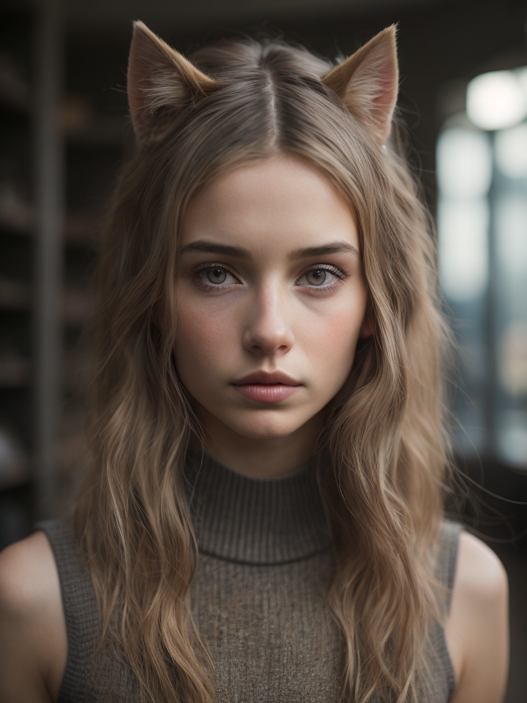 A catgirl with something on her face, in the style of pixelated landscapes, stereoscopic photography, intricate weaving, webcam photography, tabletop photography, rectilinear forms, mcdonaldpunk