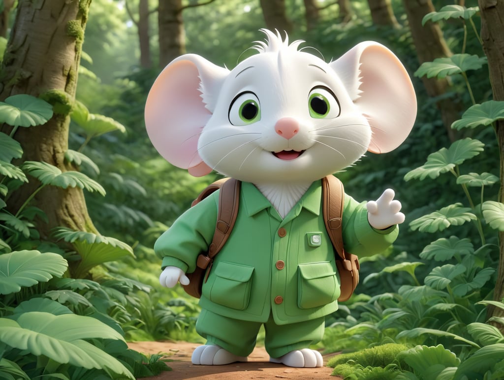 white mouse with backpack in a green clothes scratching his head with one hand in green forest thick leaves lush trees nature scenery picturesque landscapes enchanting foliage serene woodland botanical beauty