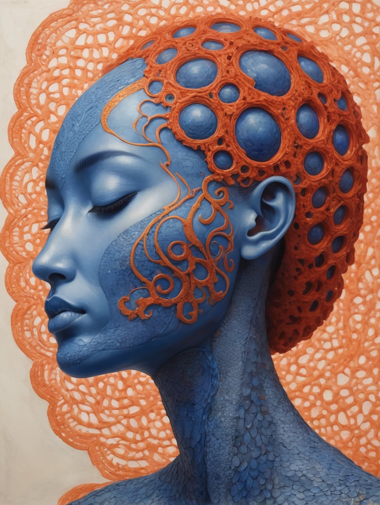 An intricate painting of a figure with blue, scale-like skin textures and closed eyes, giving a serene expression. The head and shoulders should merge into an organic, coral-like structure with lace-like patterns of empty spaces in warm hues of orange, red, and yellow, providing a stark contrast to the blue skin. Emulate the detailed patterns of cellular or porous natural materials with varied hole sizes and interconnecting strands.