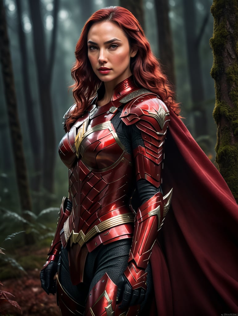 Gal gadot in red armor and red hair against the backdrop of a forest in red-burgundy tones, blurred background, focus on the girl, detailed armor, Dramatic Lighting, Depth of field, Incredibly high detailed