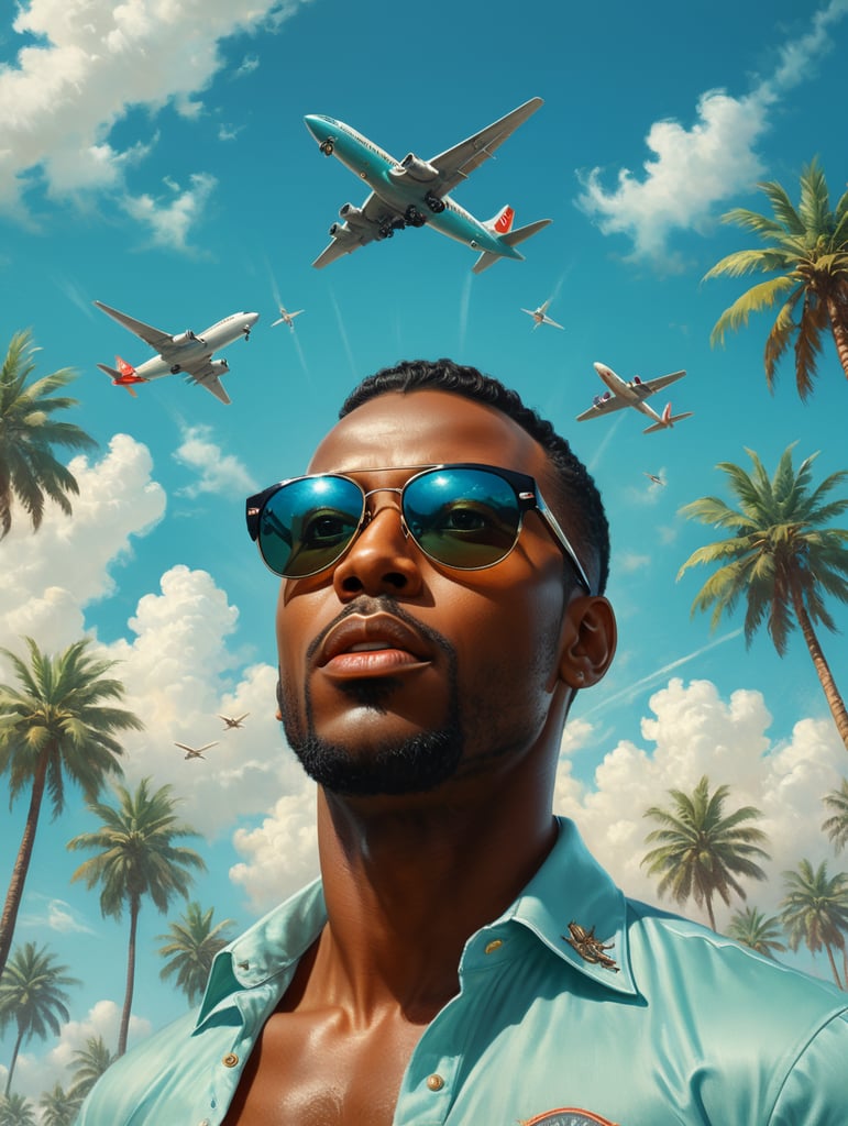 Pin up art, portrait, a black man raised his head up, looks at the sky, sunglasses, one airplane flies in a clear sky and leaves a mark, summer, palms around, palms reflected on a sunglasses, turquoise shades, style by Gil Elvgren