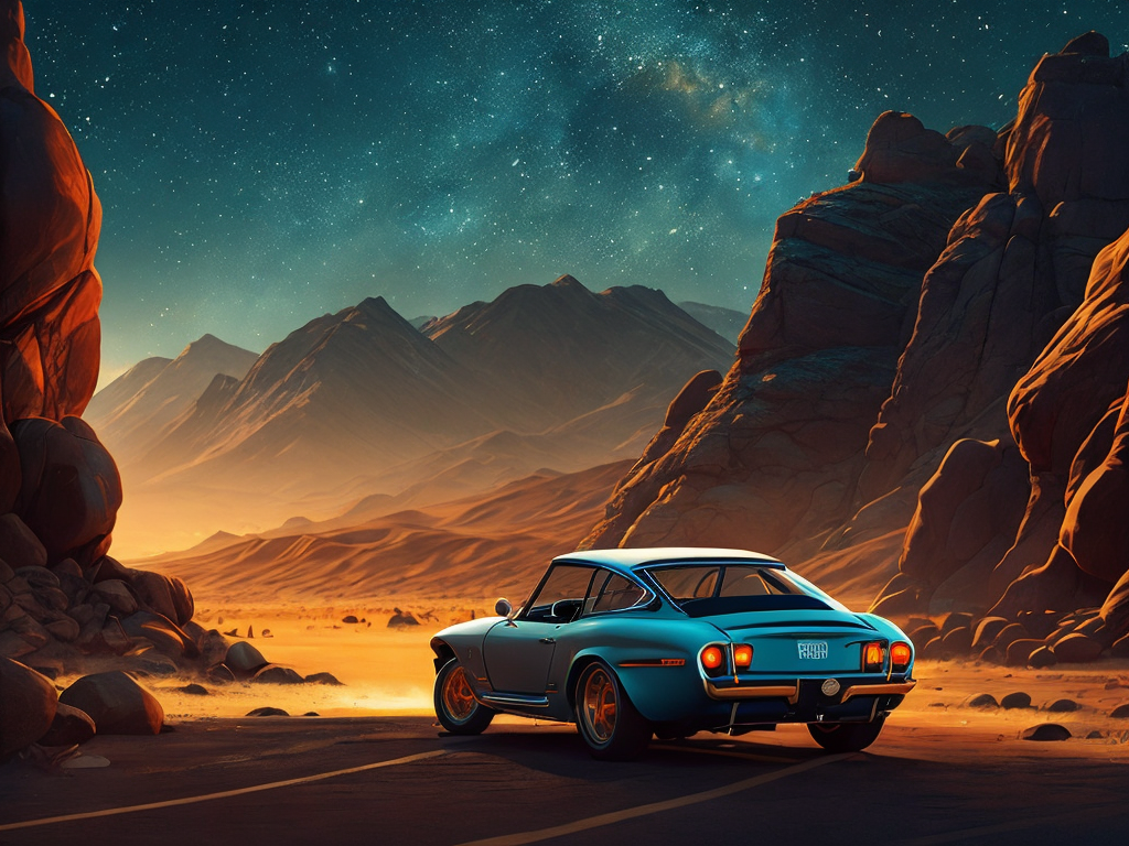 Retro Sports car in the desert at night, neon interior lighting, photorealistic, high definition, photography, cinematic, photography, starry sky background