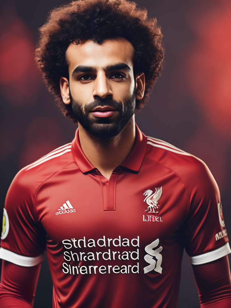 Mohamed Salah portrait in a red Liverpool football uniform, bright and saturated colors, highly detailed, fashion magazine, sharp focus, Dramatic Lighting, Depth of field, Incredibly high detailed, blurred background