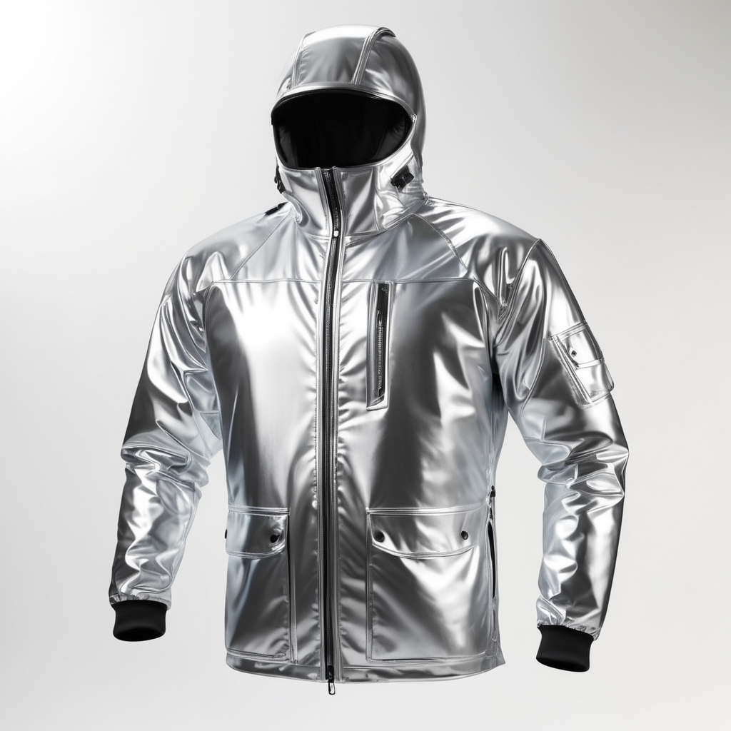 A realistic photo of a chrome shiny jacket, coverall with reflective material, isolated, white background